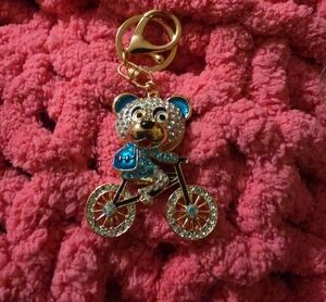 Crystal Teddy Bear Bicycle Keychain - Blue & Gold